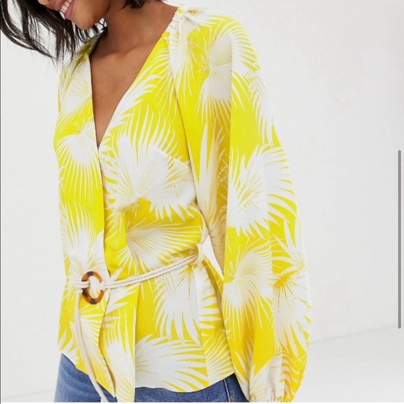 ASOS Yellow Palm Print Plunge Kimono Top V Neck Wrap Puffy Sleeve Blouse Size 2 - Picture 4 of 11
